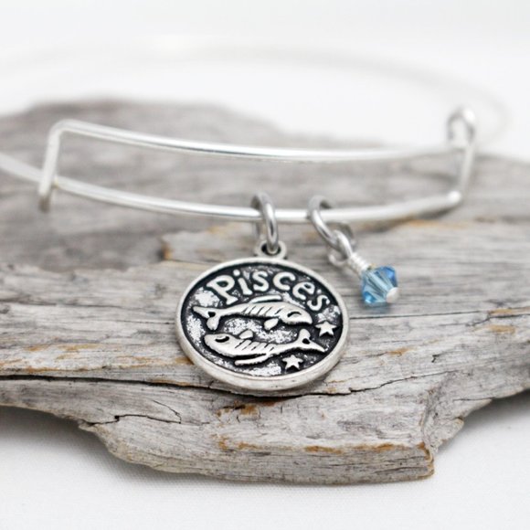 March Pisces Adjustable Charm Bangle - Handmade Zodiac Bracelet - Picture 1 of 11